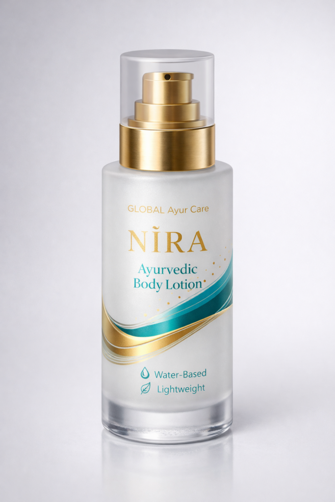 elegant nīra ayurvedic body lotion bottle
